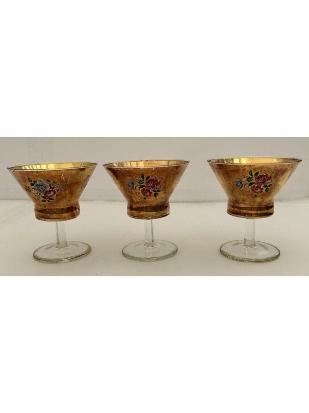 Vintage Set of 3 Gold-Painted Cocktail Glasses Hand-Painted Floral Cottage MCM - Picture 2 of 16